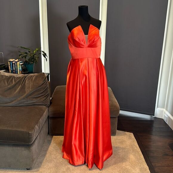 Women’s Strapless Orange Satin Full Length Prom Party Formal Dress Size L *READ - Picture 1 of 13